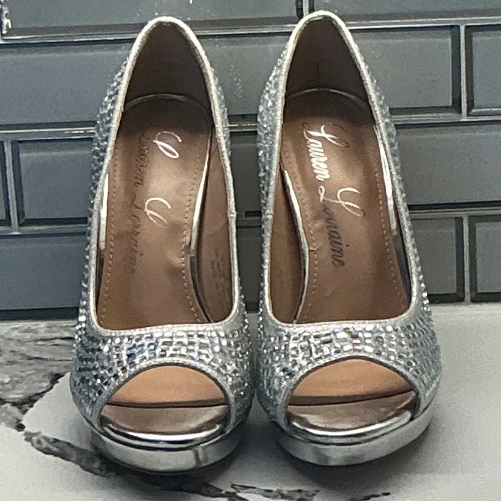 Lauren Lorraine Candie-12 Silver Rhinestone Peep Toe‎ Platform Pumps Womens 5.5